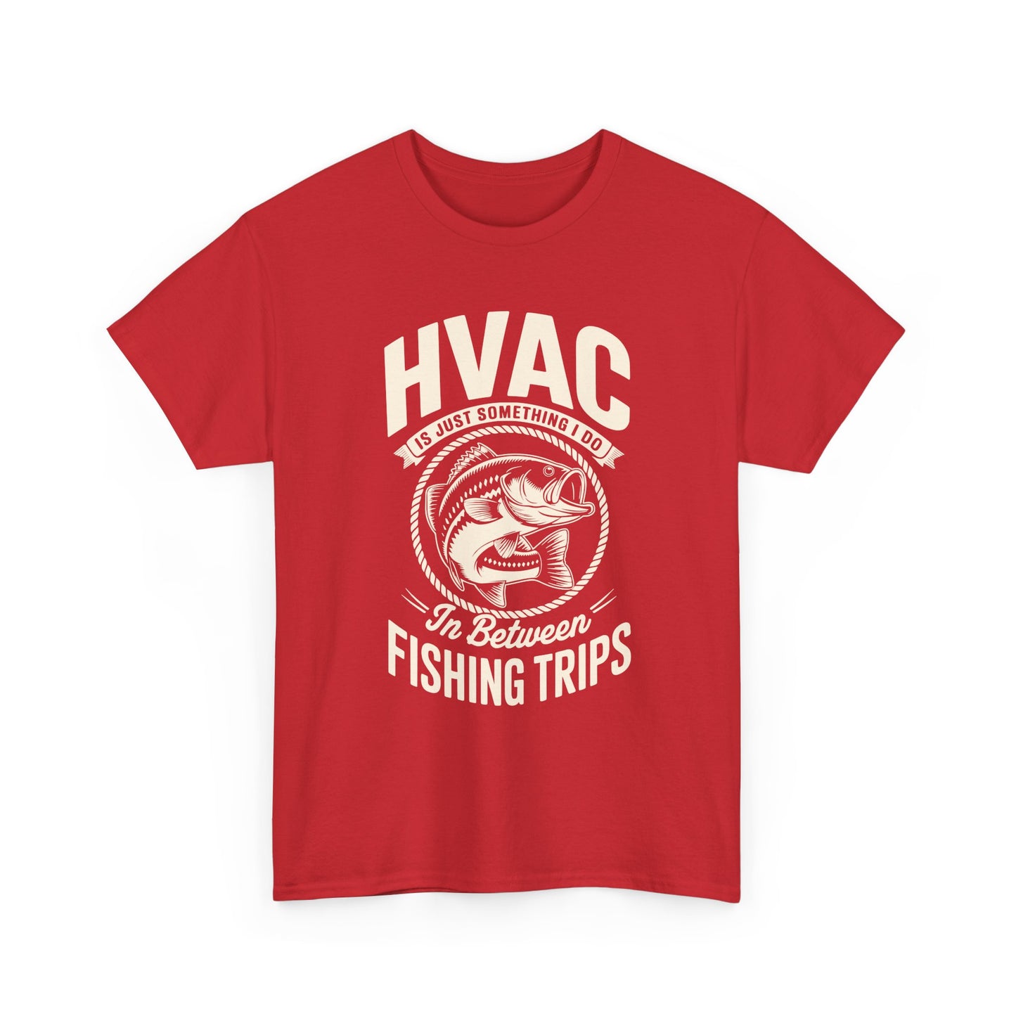 Red t-shirt with white text and fish graphic on a white background