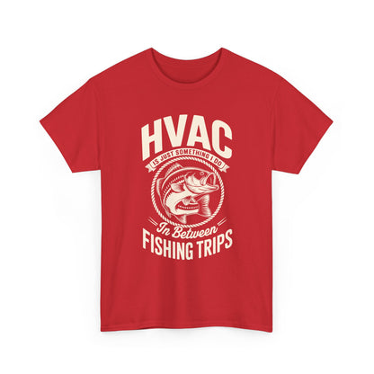 Red t-shirt with white text and fish graphic on a white background