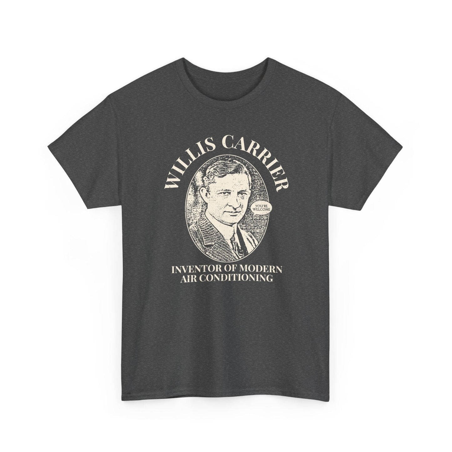 Gray t-shirt with a graphic of Willis Carrier and text on a white background