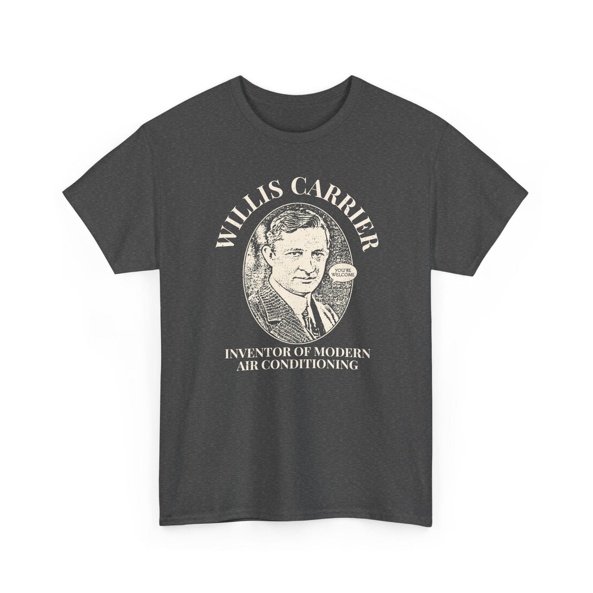 Gray t-shirt with a graphic of Willis Carrier and text on a white background