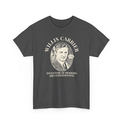 Gray t-shirt with a graphic of Willis Carrier and text on a white background