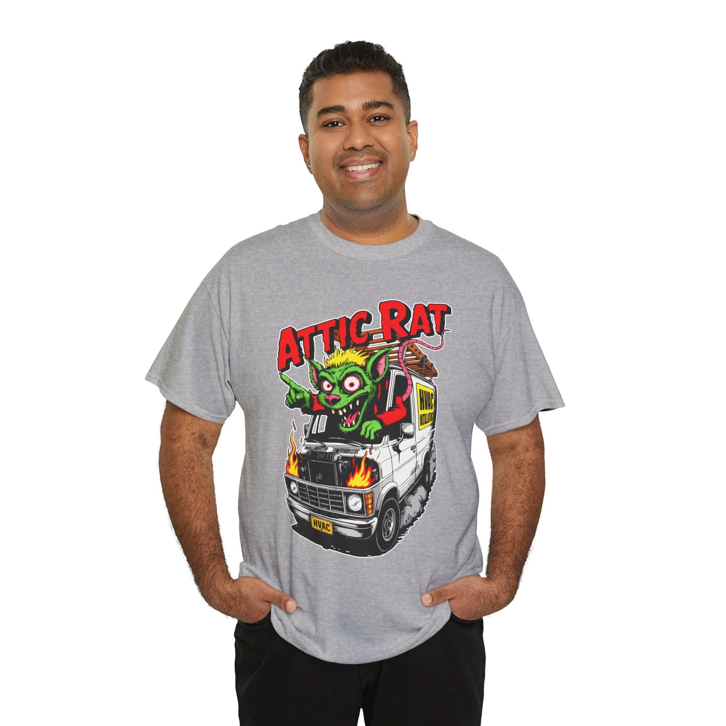 Man wearing a gray t-shirt with 'Attic Rat' graphic design on a white background
