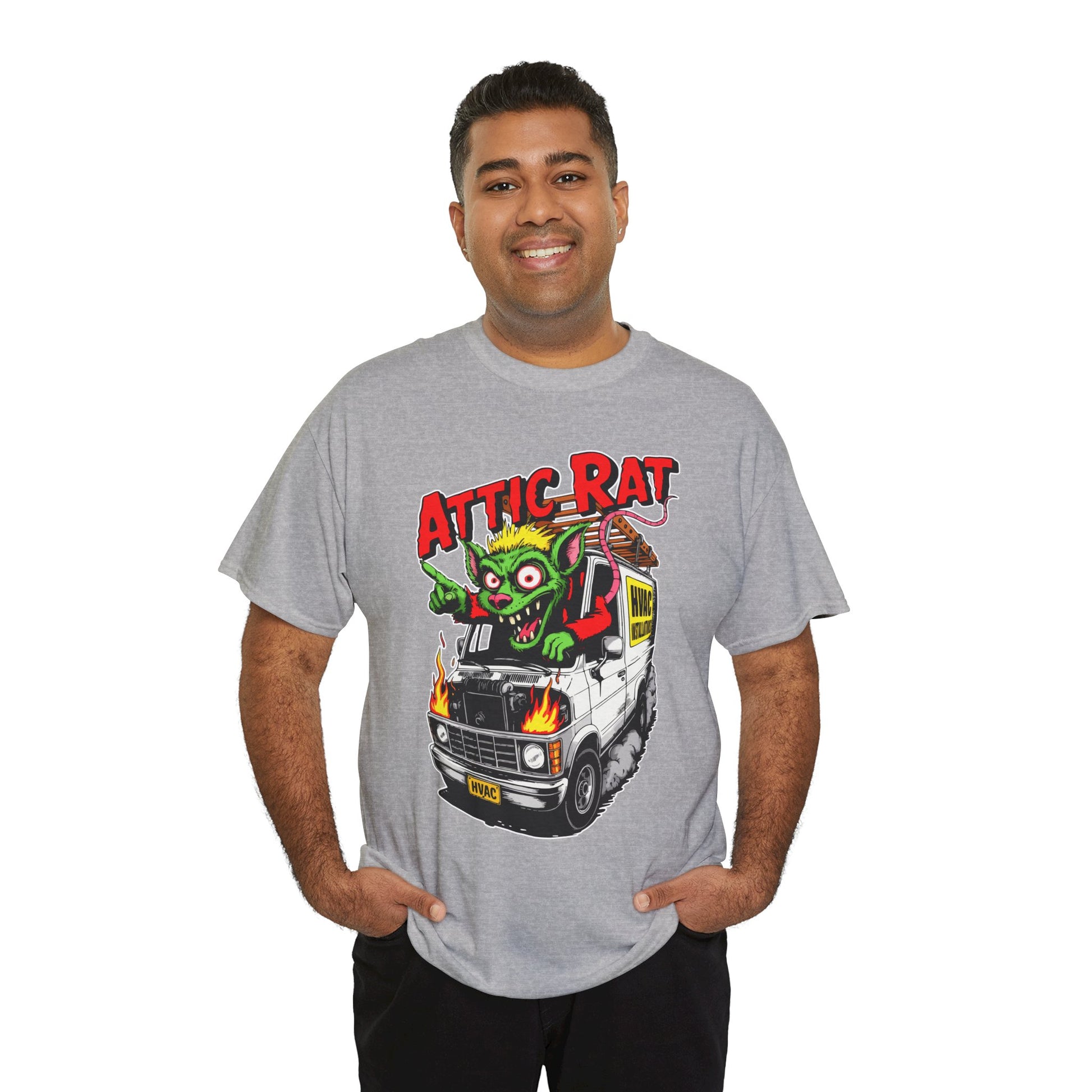 Man wearing a gray t-shirt with 'Attic Rat' graphic design on a white background
