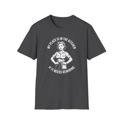 Dark gray t-shirt with graphic and 'My place is in the kitchen if it needs rewiring' text on a white background