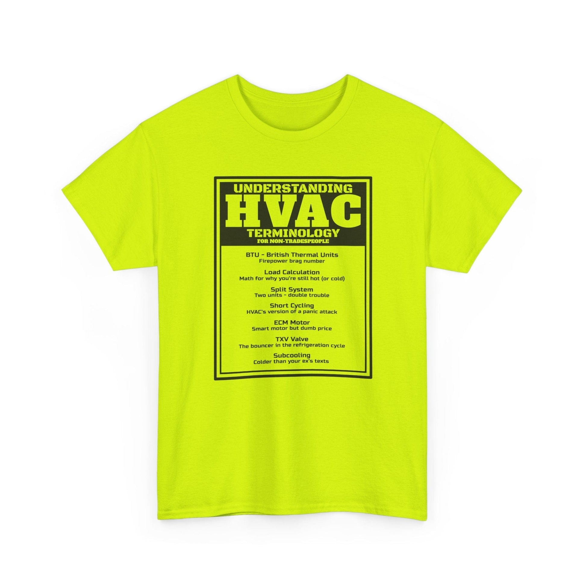 Bright yellow t-shirt with HVAC terminology text on a white background