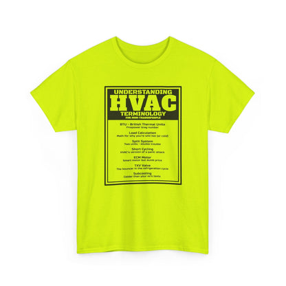 Bright yellow t-shirt with HVAC terminology text on a white background