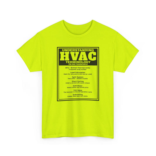 Bright yellow t-shirt with HVAC terminology text on a white background
