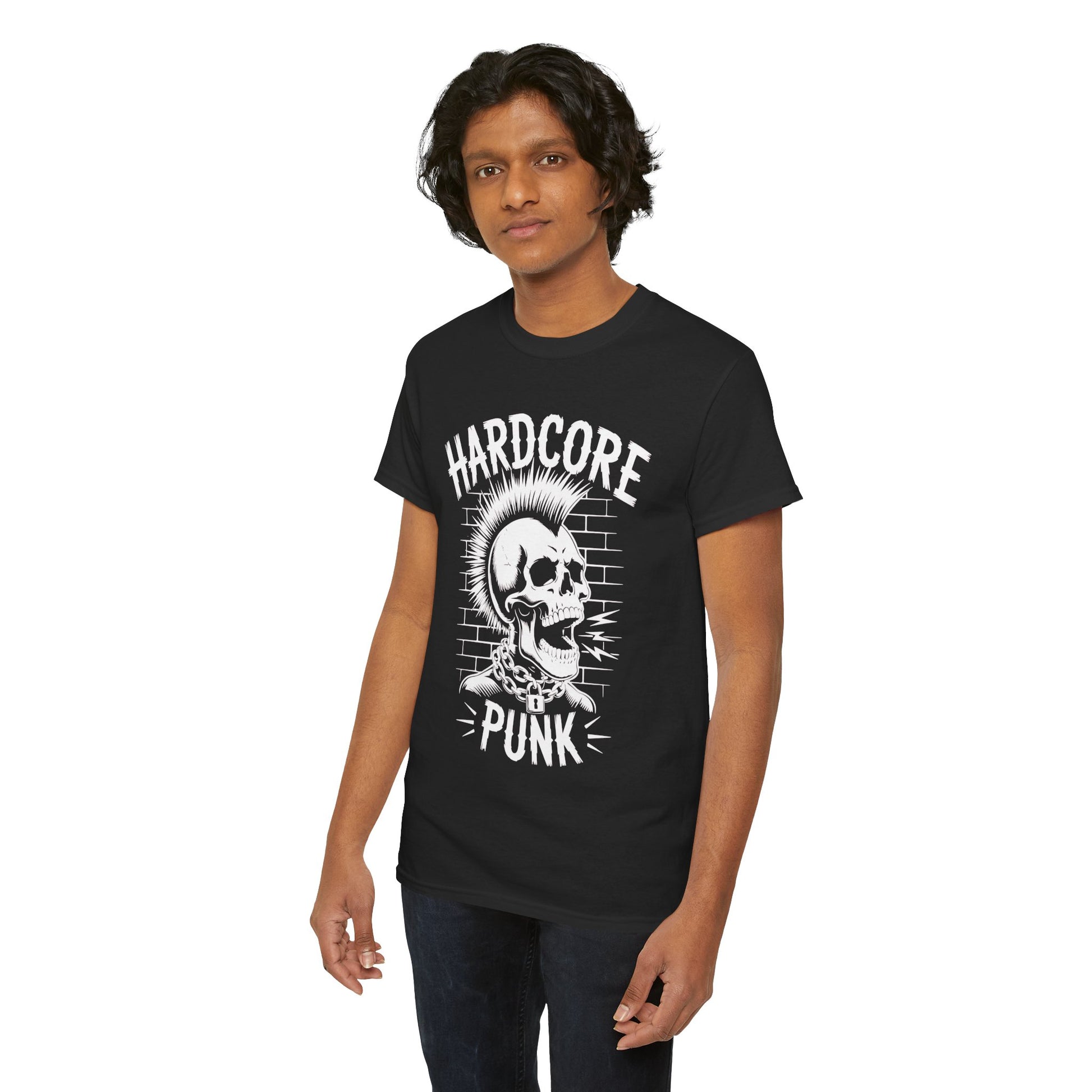 Person wearing a black t-shirt with 'Hardcore Punk' graphic design on a white background