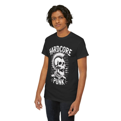Person wearing a black t-shirt with 'Hardcore Punk' graphic design on a white background