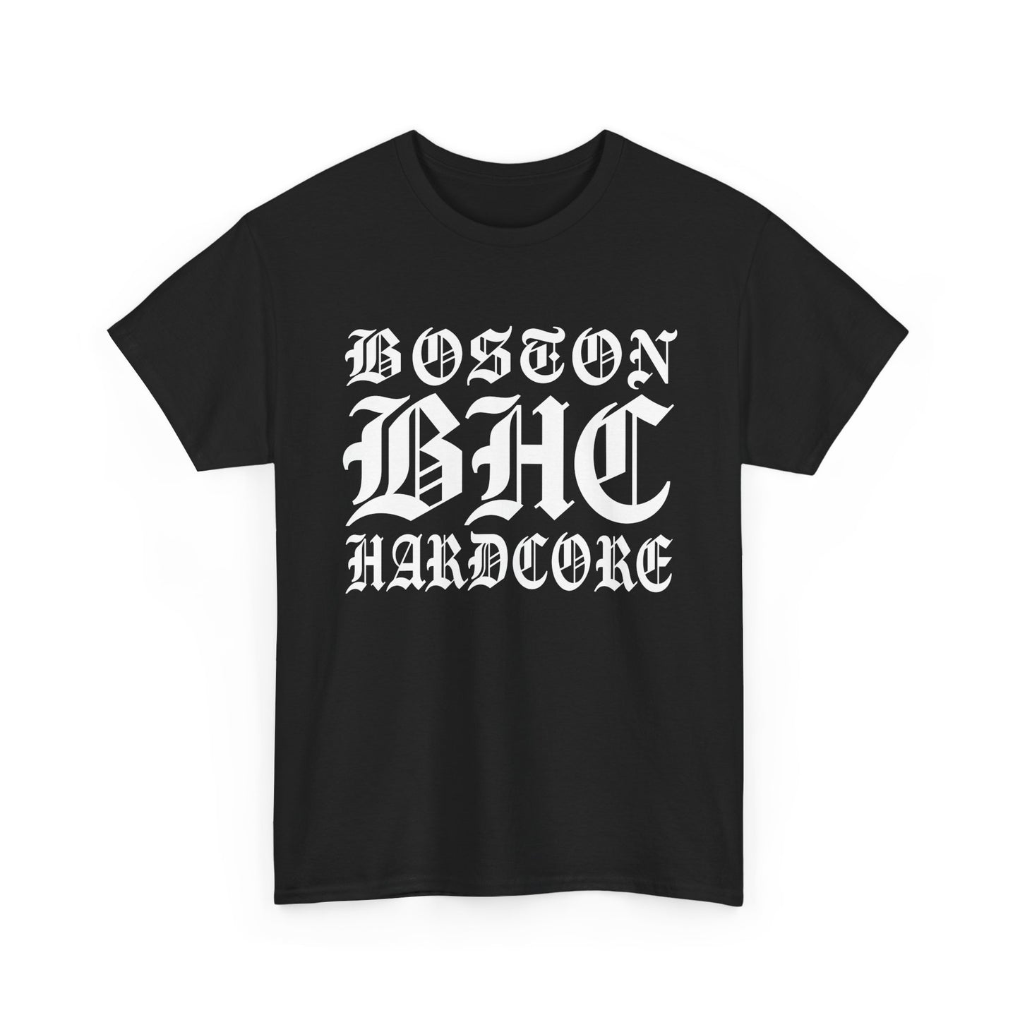 Black t-shirt with 'Boston BHC Hardcore' text on a white background