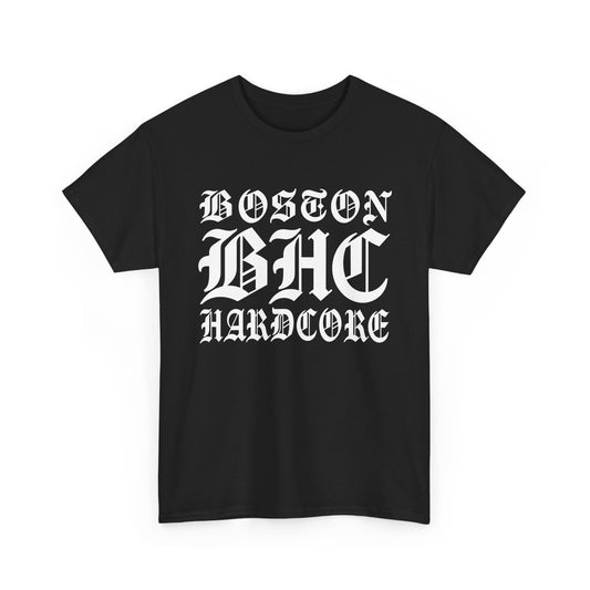 Black t-shirt with 'Boston BHC Hardcore' text on a white background