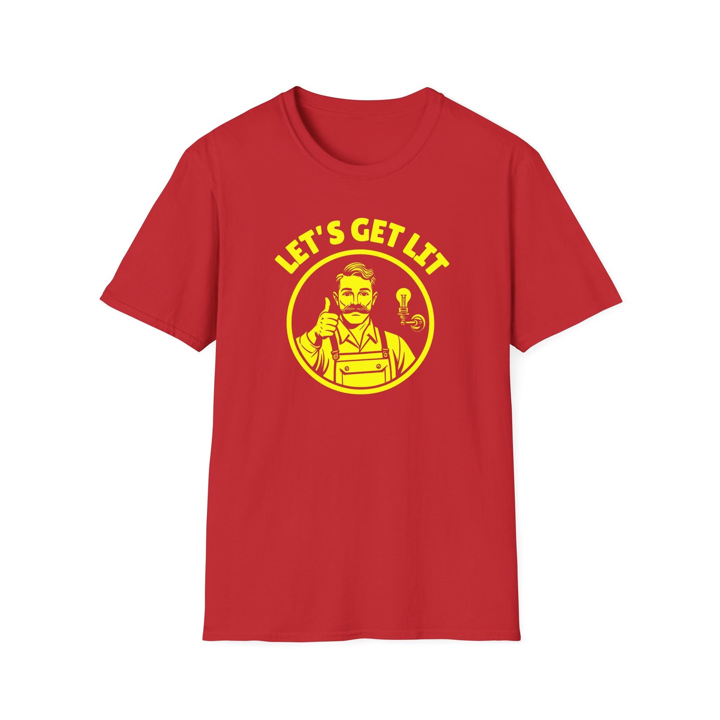 Red t-shirt with yellow graphic and text 'LET'S GET LIT' on a white background