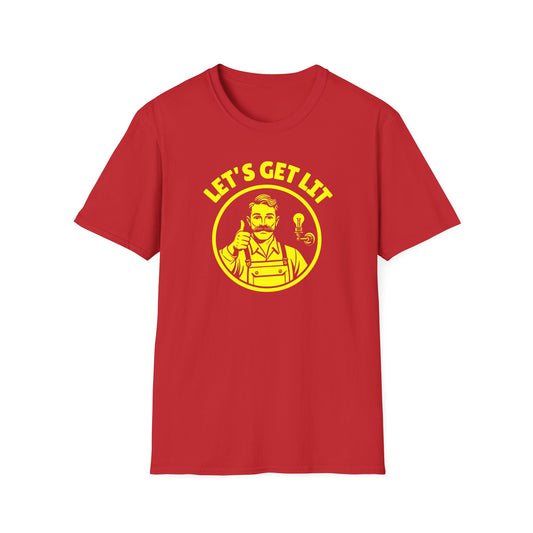 Red t-shirt with yellow graphic and text 'LET'S GET LIT' on a white background