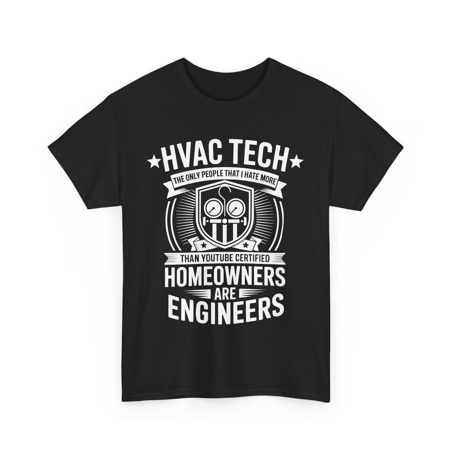 Black t-shirt with white HVAC Tech graphic and text on a white background