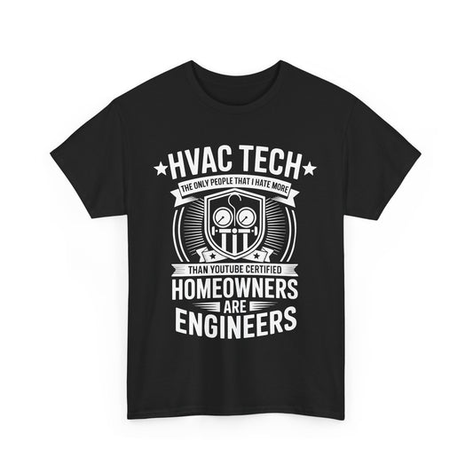 Black t-shirt with white HVAC Tech graphic and text on a white background