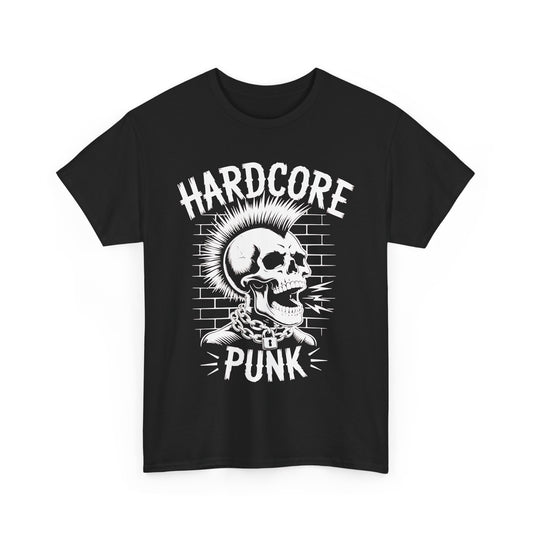 Black t-shirt with a skull graphic and 'Hardcore Punk' text on a white background