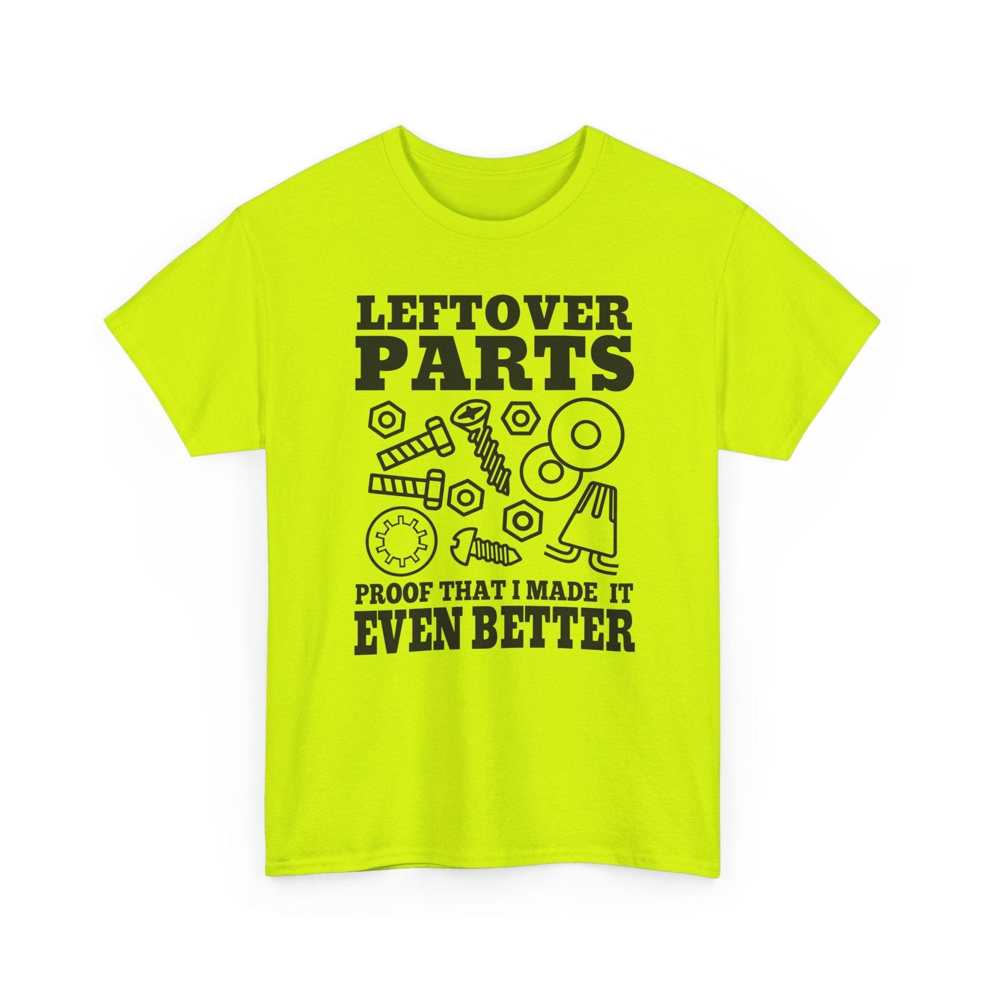 Bright yellow t-shirt with black text and graphics on a white background