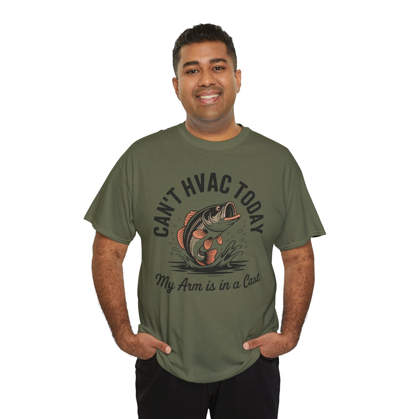 Man wearing a green t-shirt with a fish graphic and text 'Can't HVAC today' on a white background