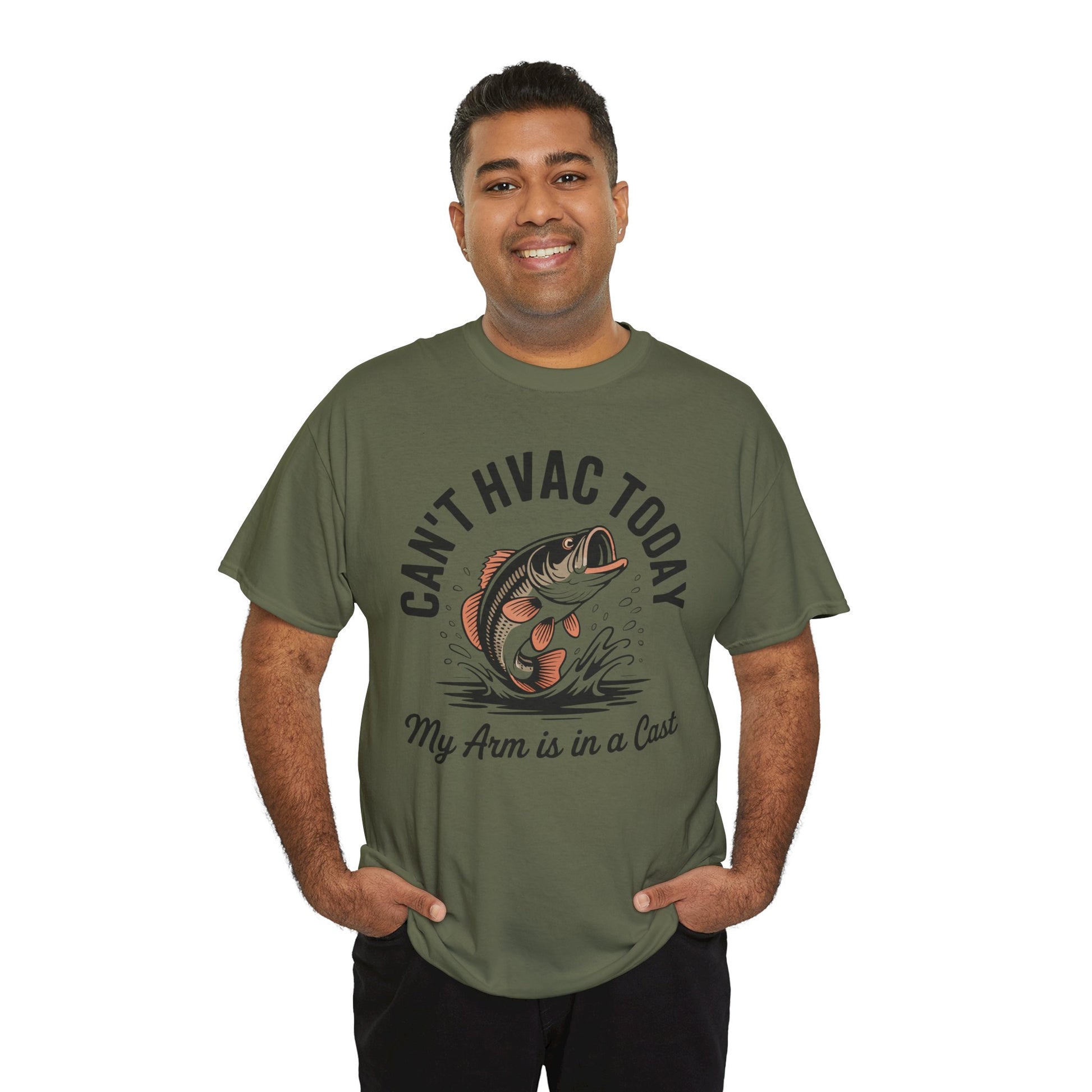 Man wearing a green t-shirt with a fish graphic and text 'Can't HVAC today' on a white background