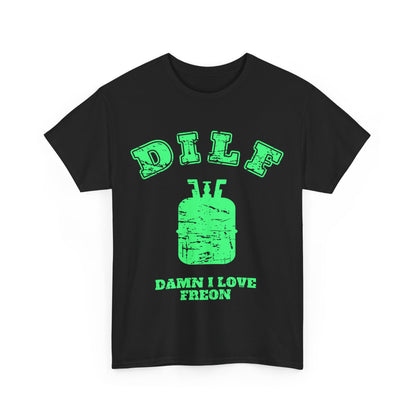 Black t-shirt with green HVAC DILF graphic and text on a white background