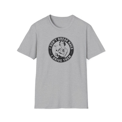 Gray t-shirt with a graphic and text 'I don't break nails' on a white background