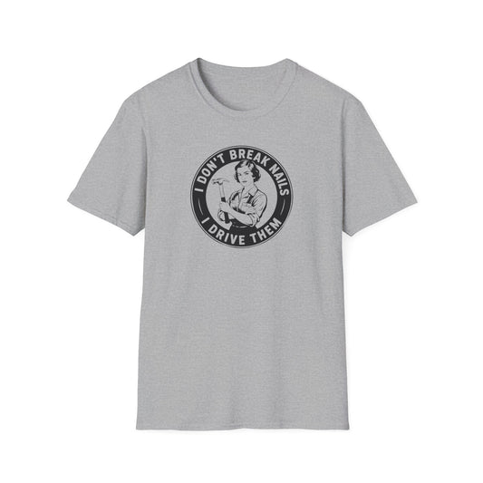 Gray t-shirt with a graphic and text 'I don't break nails' on a white background