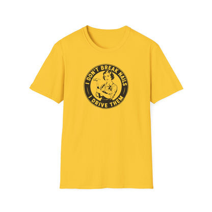 Yellow t-shirt with a graphic and text 'I don't break nails' on a white background