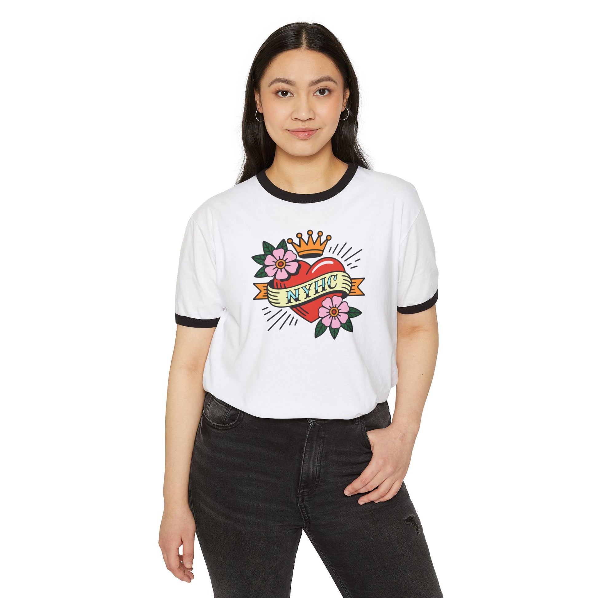 Woman wearing a white t-shirt with a colorful graphic design on a white background