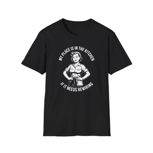 Black t-shirt with graphic and 'My place is in the kitchen if it needs rewiring' text on a white background