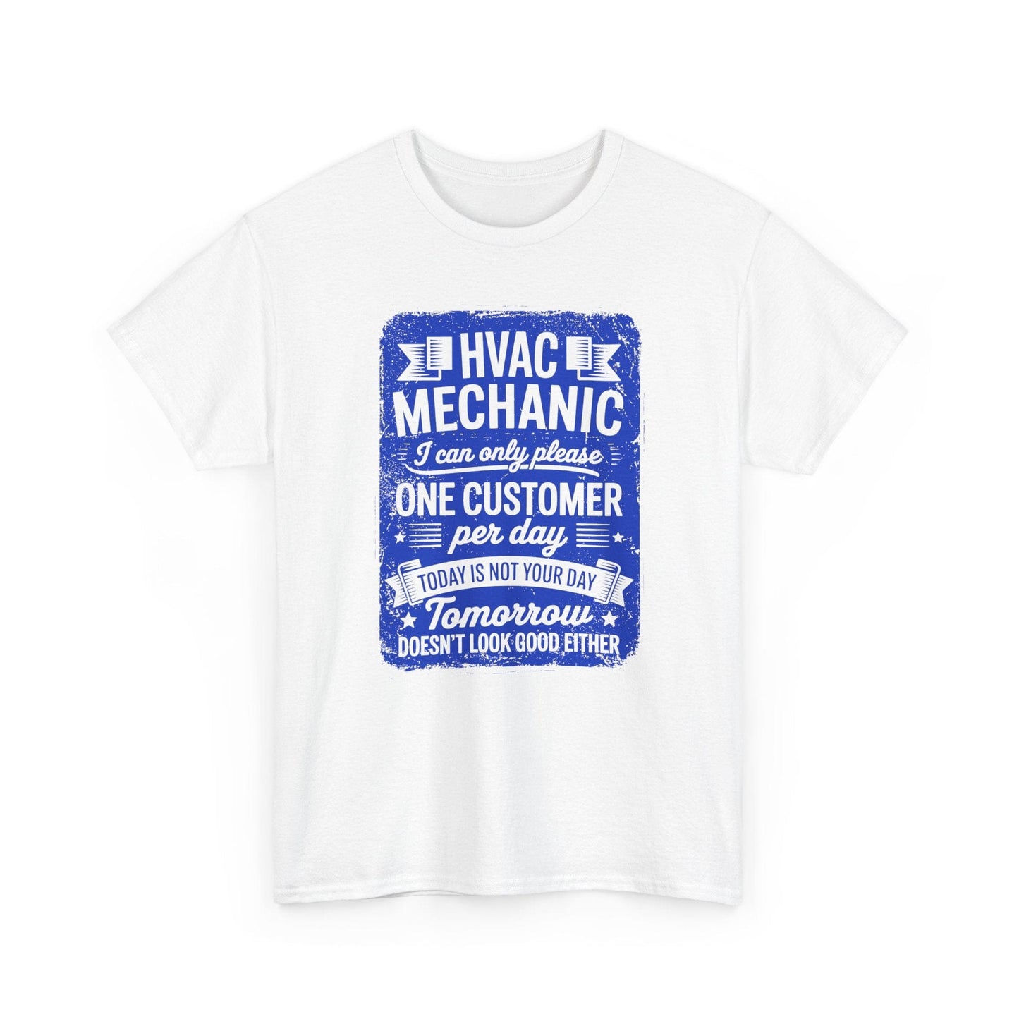 White t-shirt with blue HVAC Mechanic graphic and text on a white background