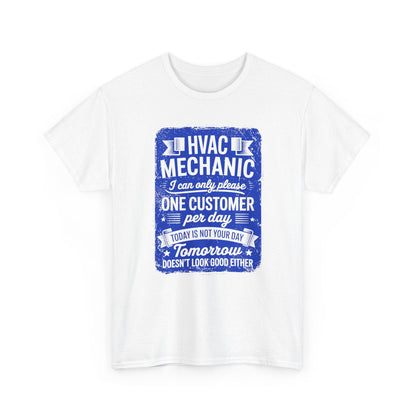 White t-shirt with blue HVAC Mechanic graphic and text on a white background