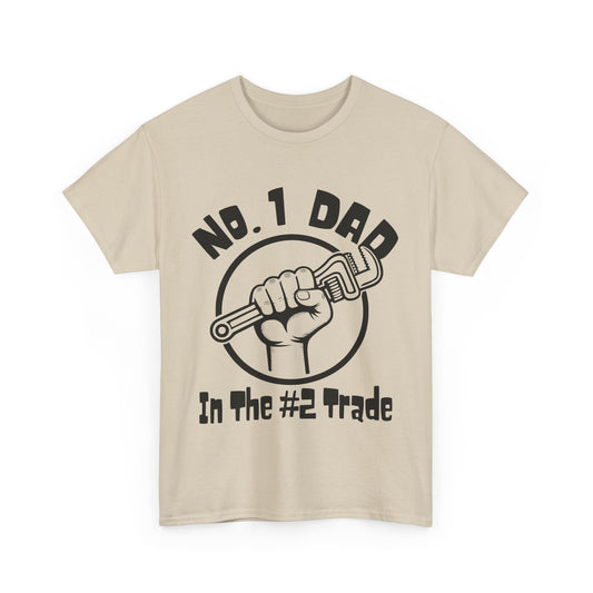 Beige t-shirt with black graphic and text 'No. 1 Dad in the #2 Trade' on a white background