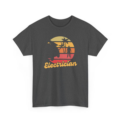 Dark gray t-shirt with a graphic design of a sunset, palm trees, and the word 'Electrician' on a white background.