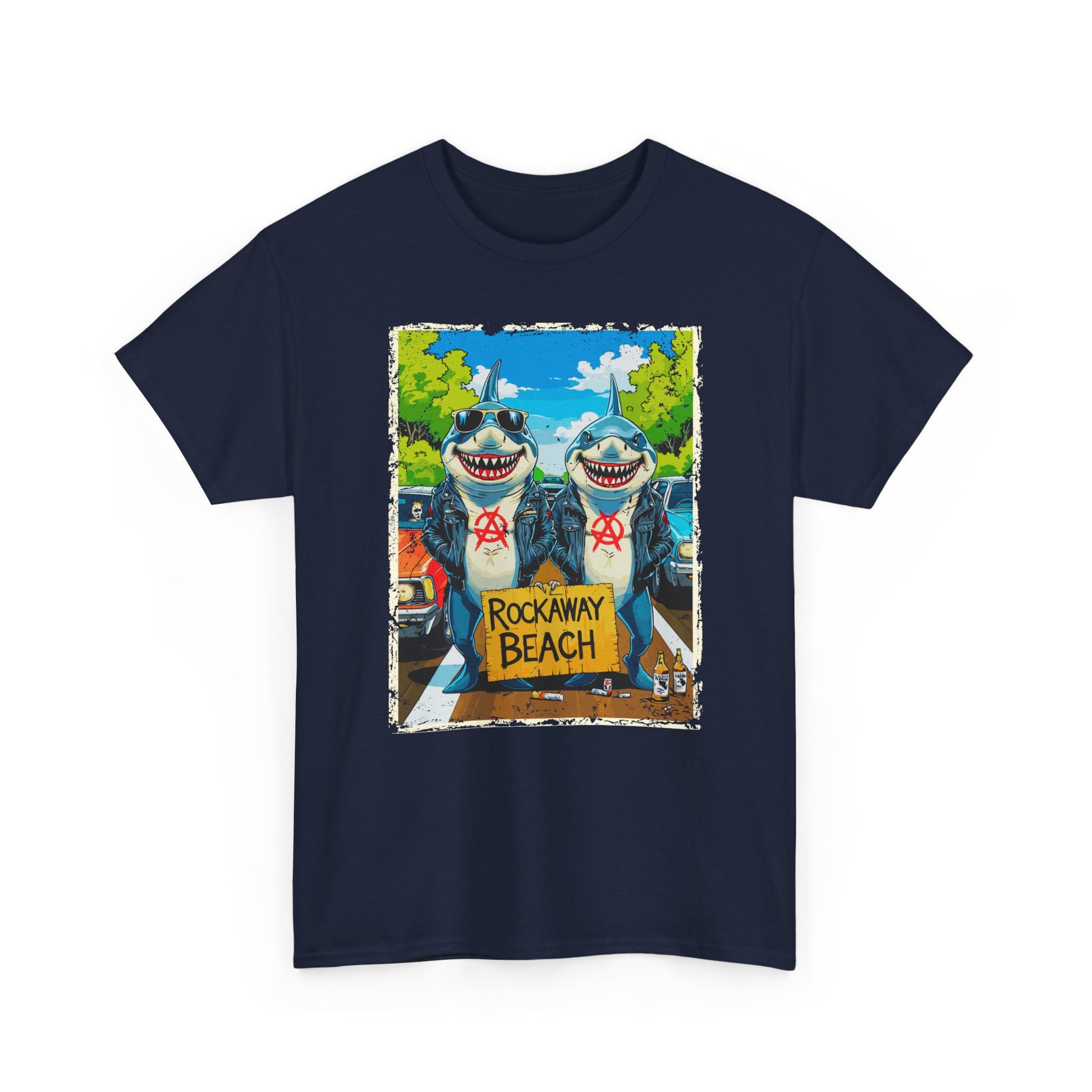 Navy blue t-shirt with a graphic of two sharks holding a 'Rockaway Beach' sign on a white background.
