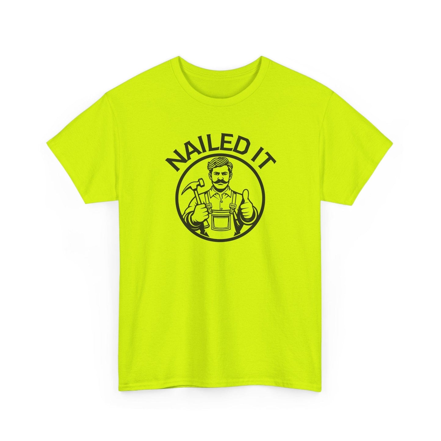 Bright yellow t-shirt with 'NAILED IT' graphic on a white background