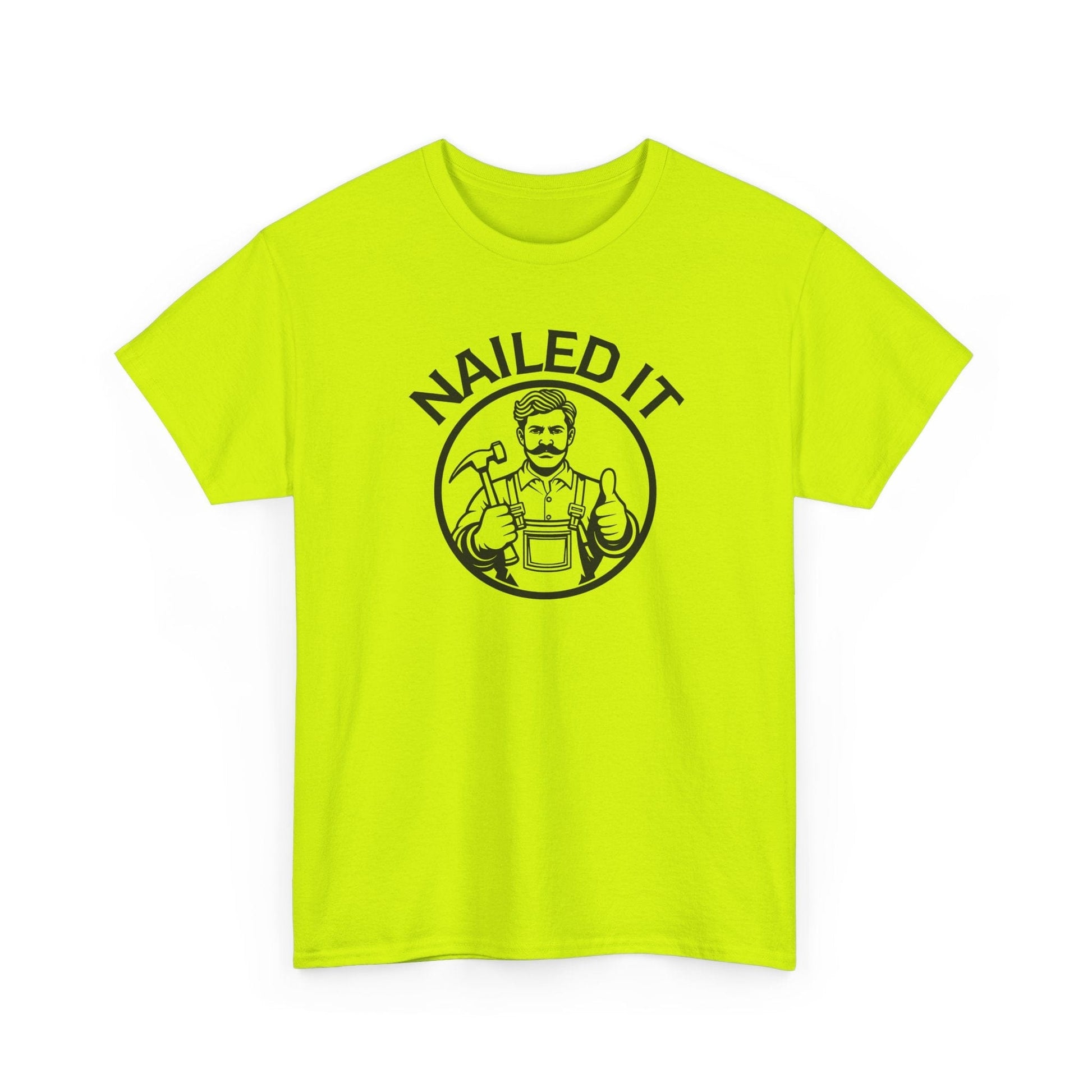 Bright yellow t-shirt with 'NAILED IT' graphic on a white background