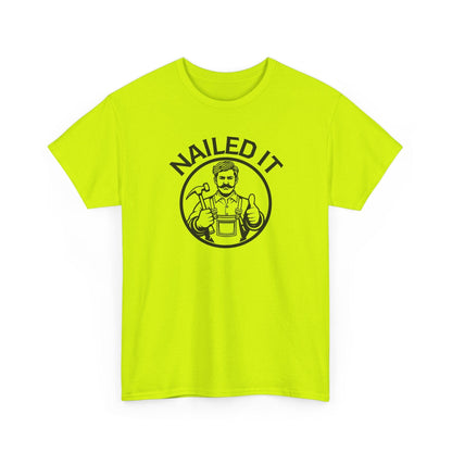Bright yellow t-shirt with 'NAILED IT' graphic on a white background