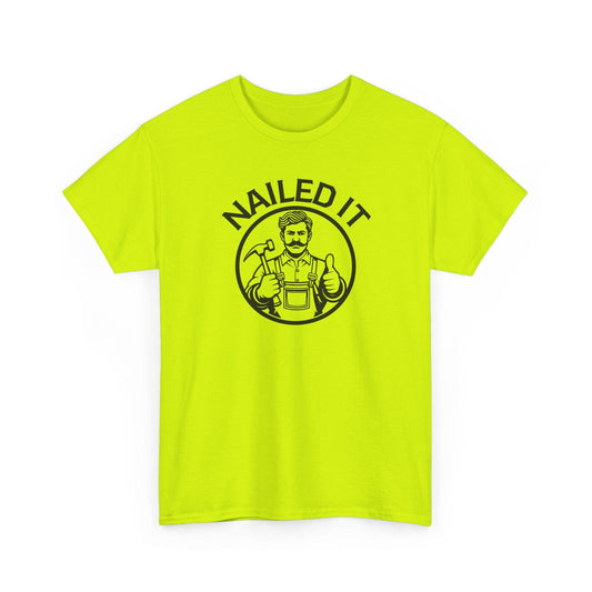 Bright yellow t-shirt with 'NAILED IT' graphic on a white background