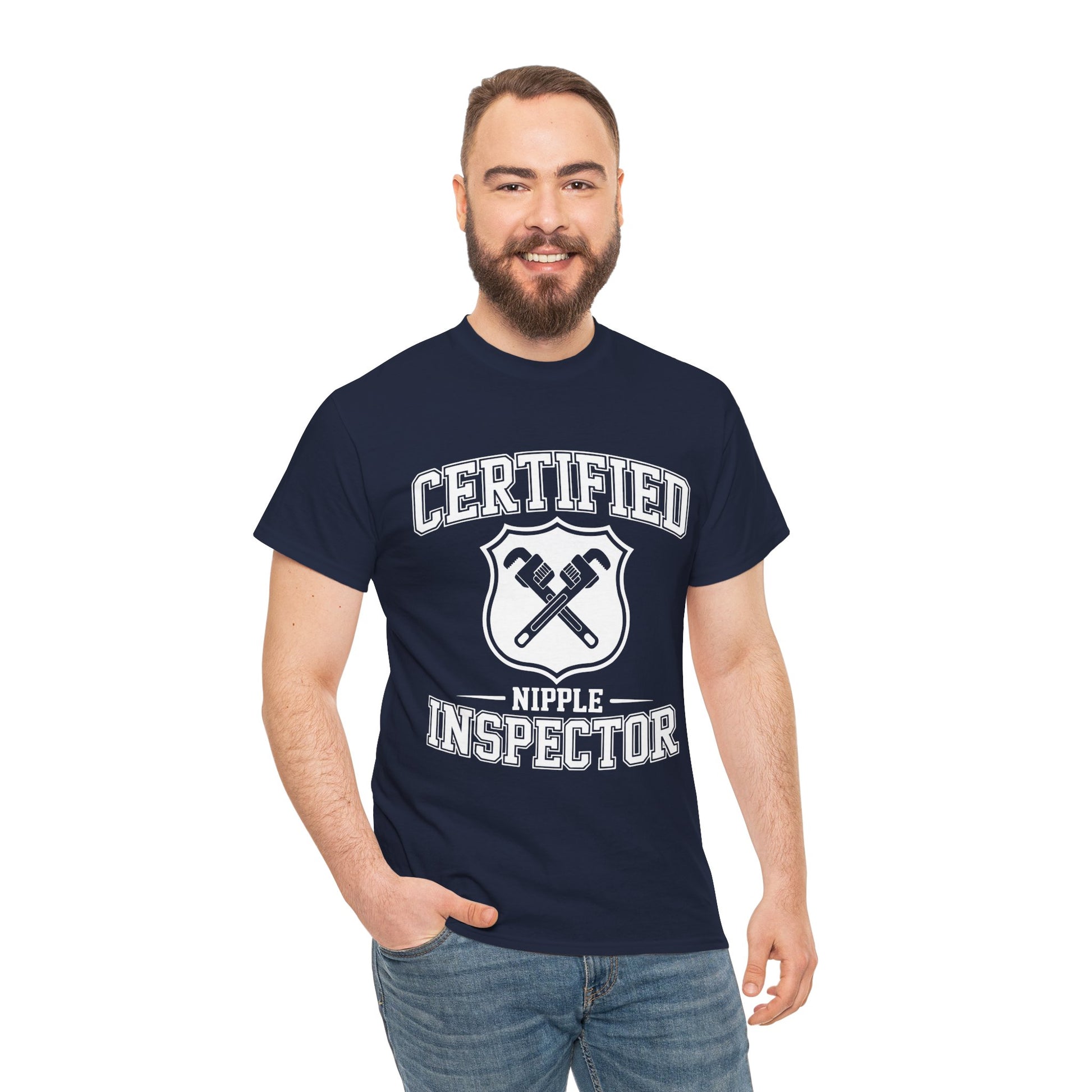 Man wearing a navy blue t-shirt with 'Certified Nipple Inspector' text and graphic on a white background