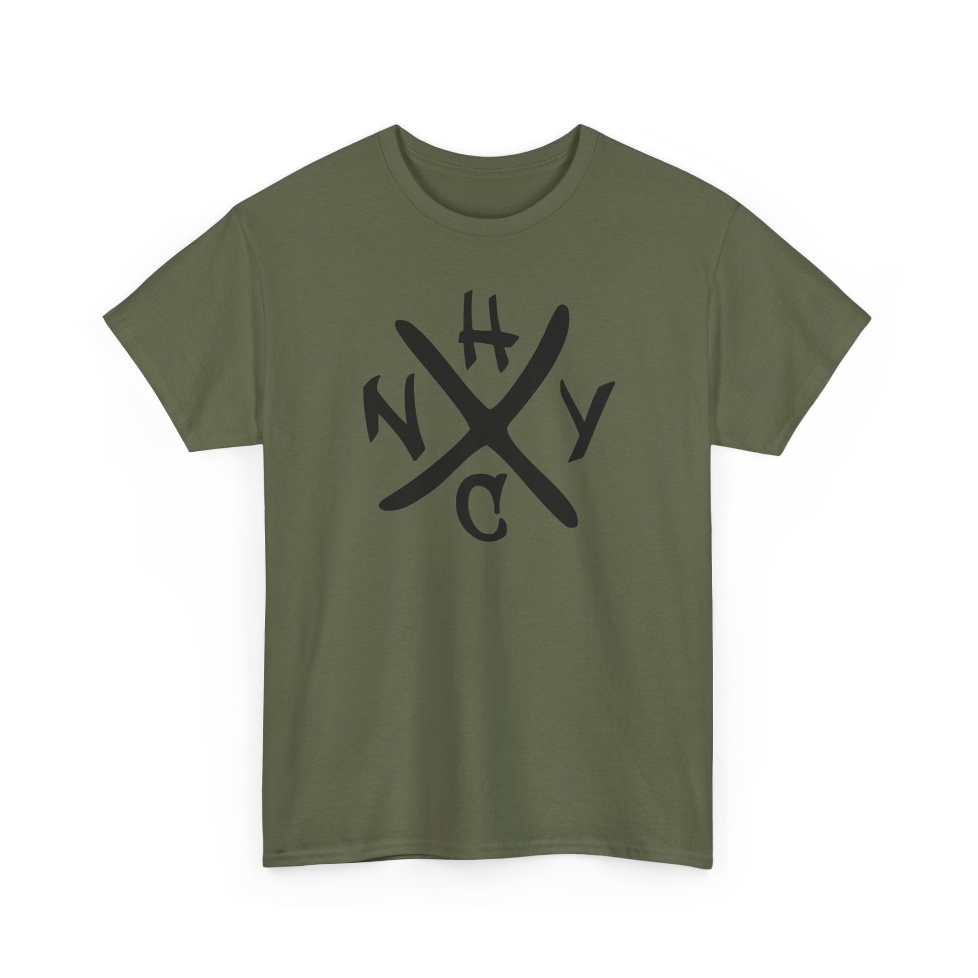Green t-shirt with black 'NYHC' graphic on a white background