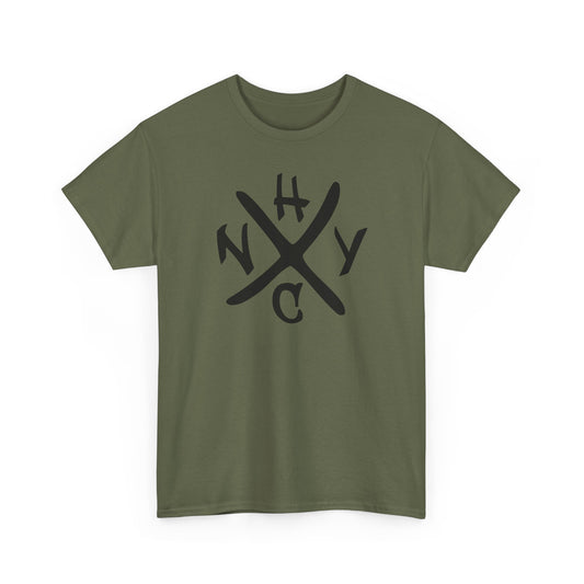 Green t-shirt with black 'NYHC' graphic on a white background