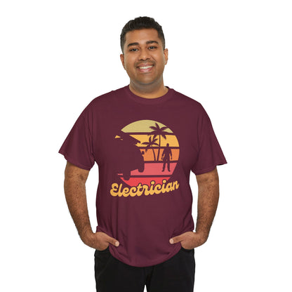 Man wearing a maroon t-shirt with a graphic design and the word 'Electrician' on a white background
