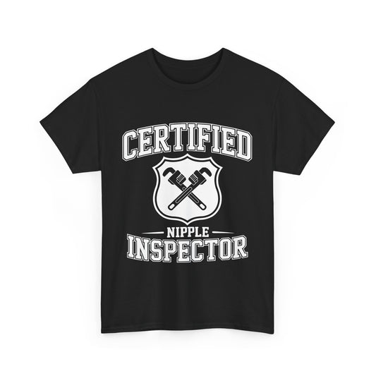 Black t-shirt with 'Certified Nipple Inspector' text and graphic on a white background