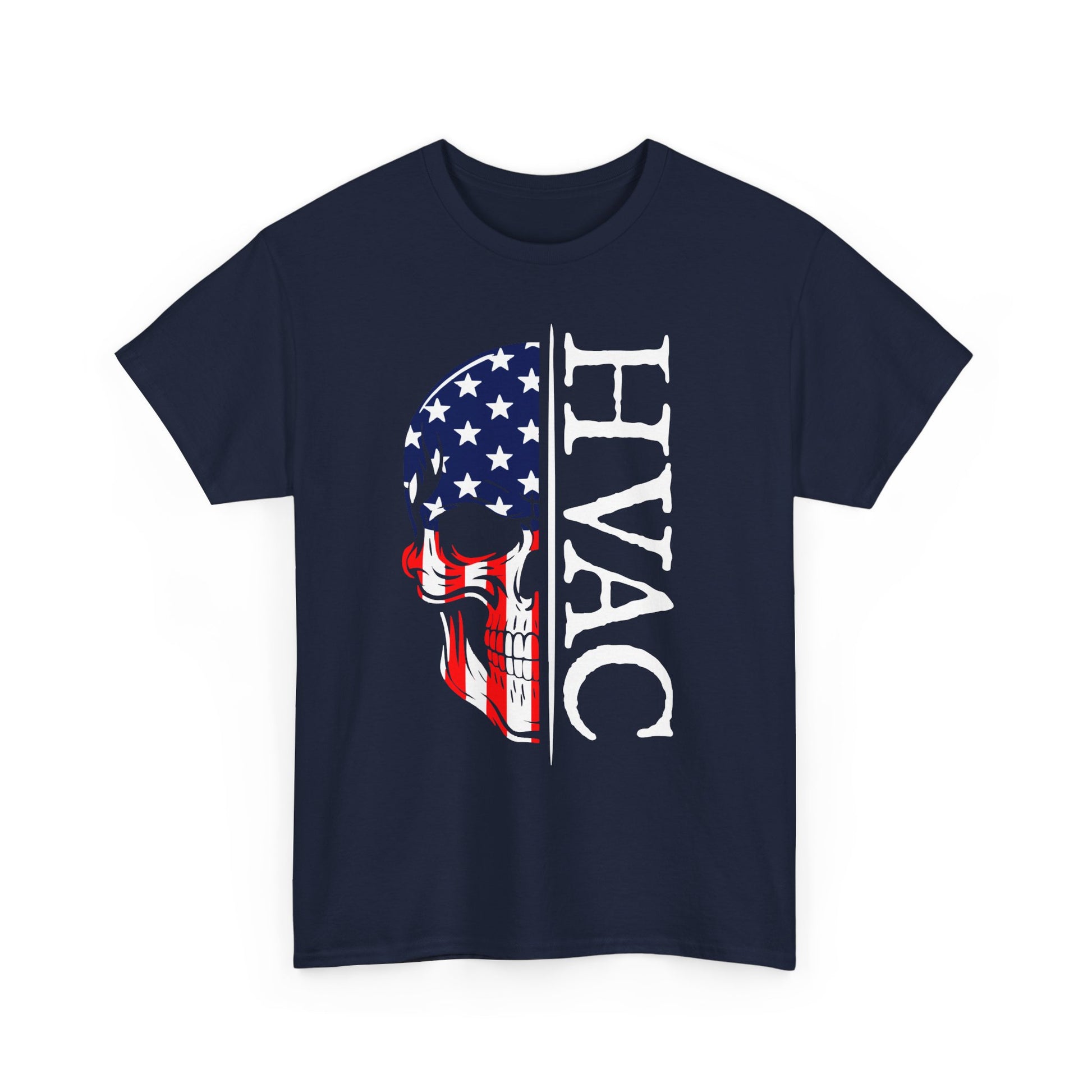 Navy blue t-shirt with American flag skull design and 'HVAC' text on a white background