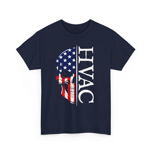 Navy blue t-shirt with American flag skull design and 'HVAC' text on a white background