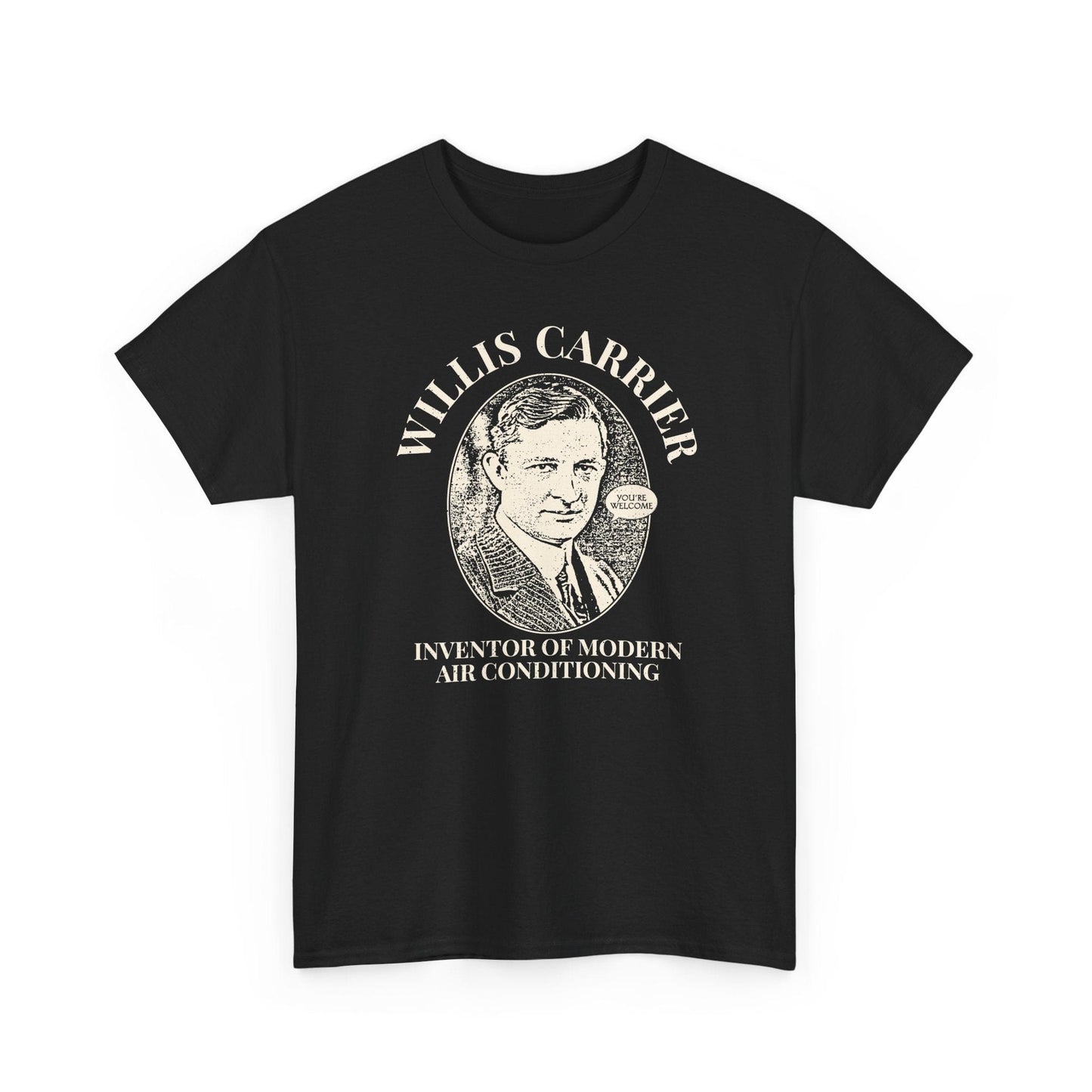 Black t-shirt with a graphic of Willis Carrier and text on a white background