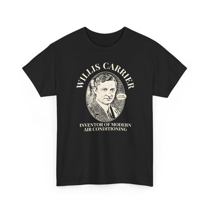 Black t-shirt with a graphic of Willis Carrier and text on a white background