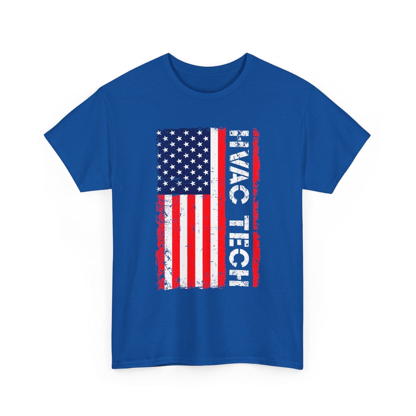 Blue t-shirt with American flag design and 'HVAC TECH' text on a white background