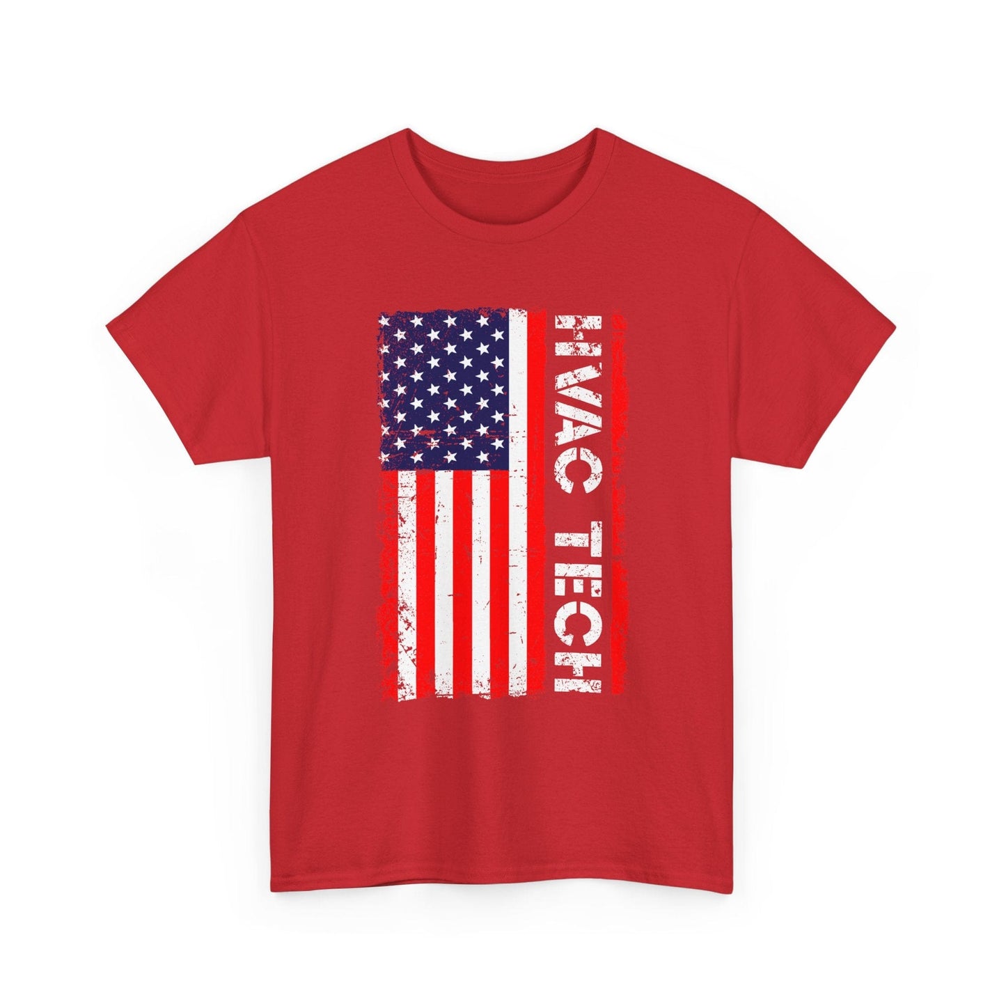 Red t-shirt with American flag and 'HVAC TECH' text on a white background