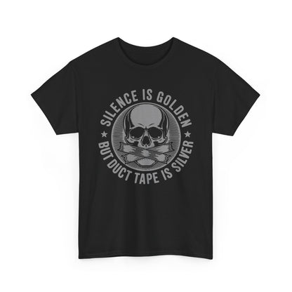 Black t-shirt with skull design and 'Silence is Golden- but duct tape is silver' text on a white background.